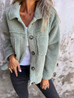 Full-Size Fuzzy Button Jacket in Gum Leaf, cropped front worn view