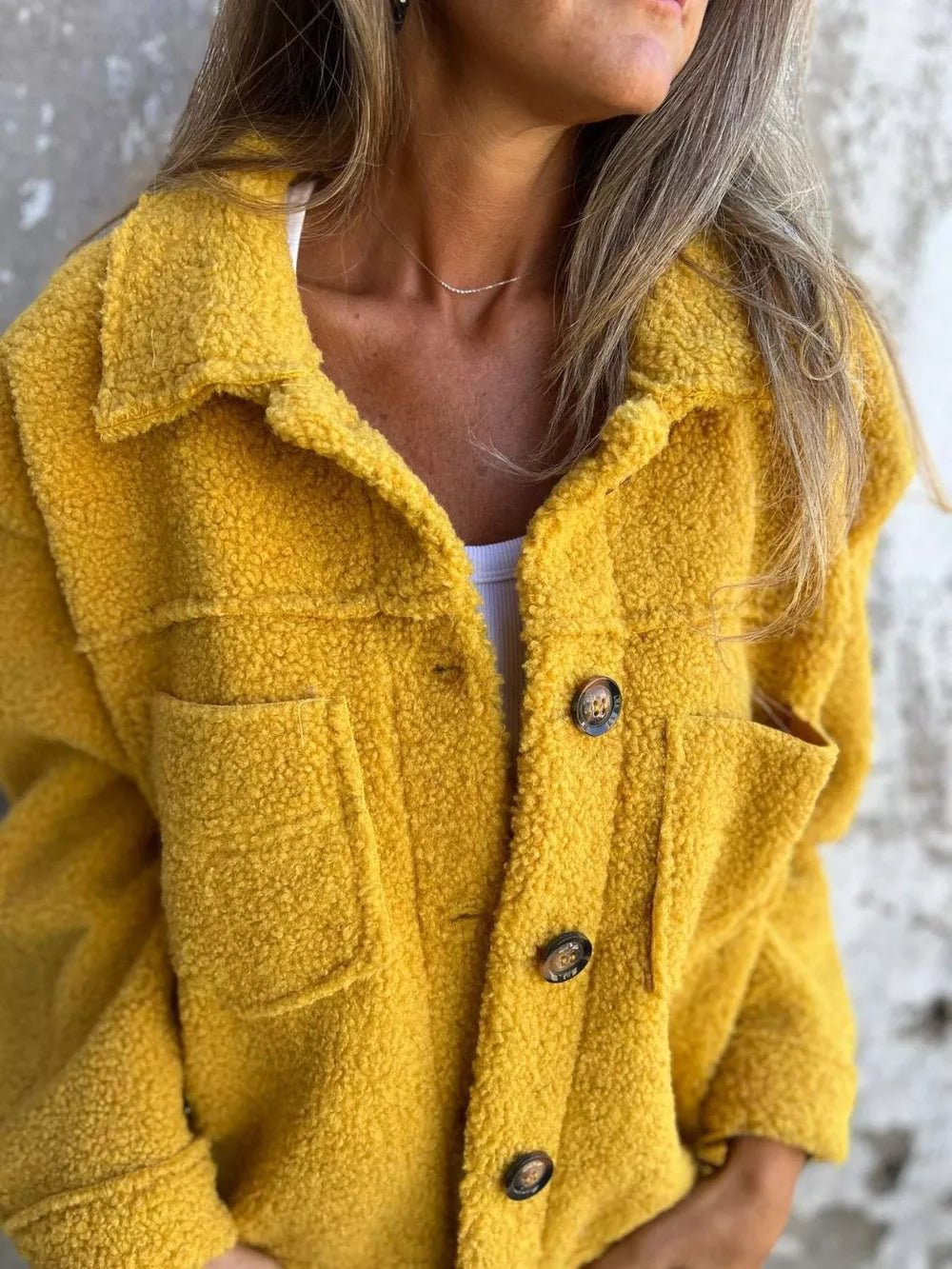 Full-Size Fuzzy Button Jacket in Mustard, collar and pocket detail