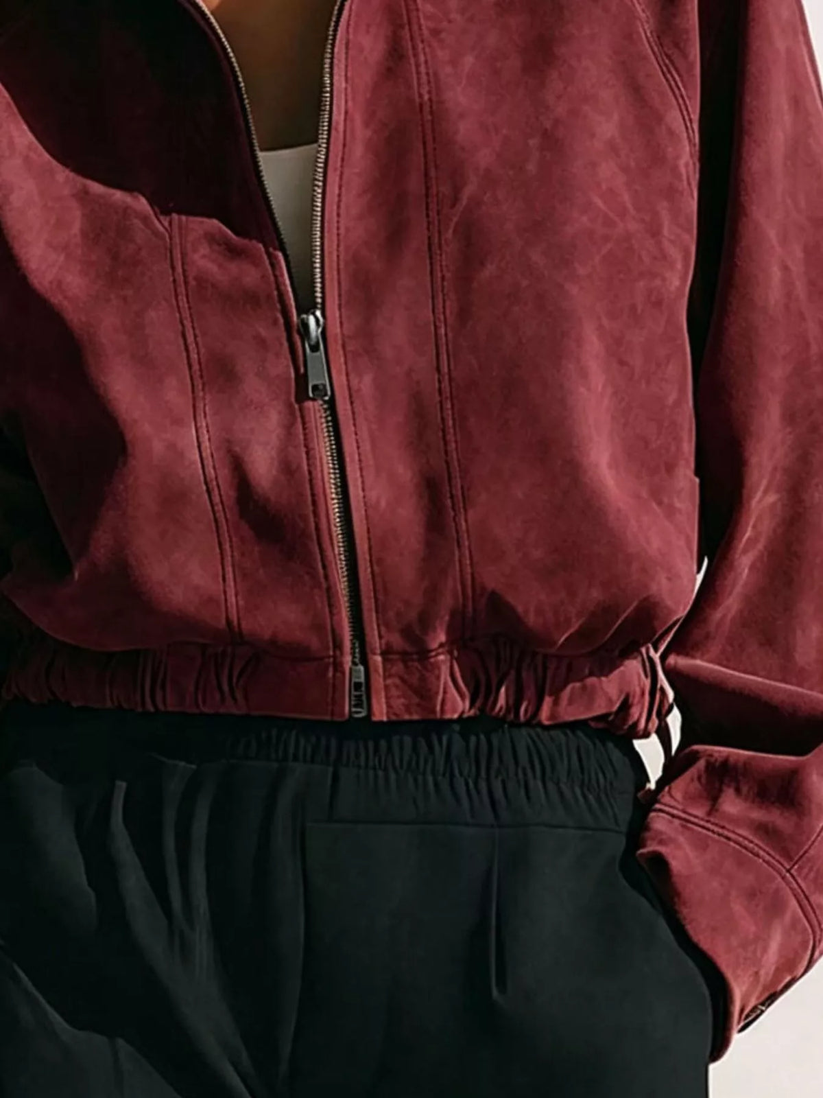 Faux Suede Stand-Collar Zip Jacket