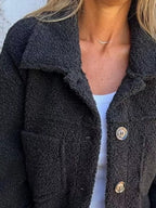 Full-Size Fuzzy Button Jacket in Black, collar and chest-pocket detail