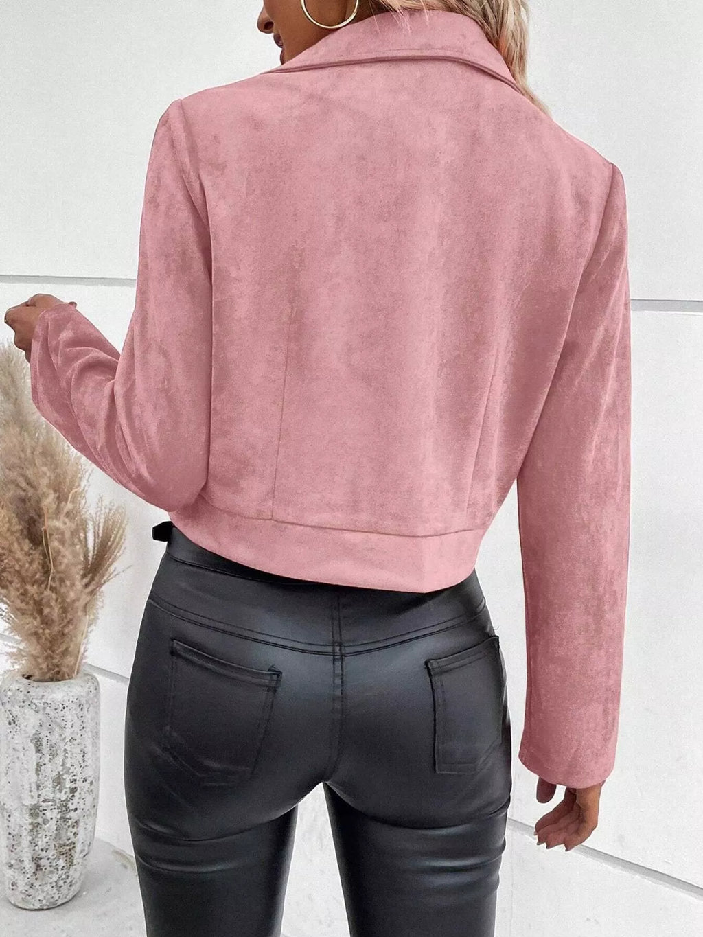 Faux Suede Moto Jacket in Pink, back worn view