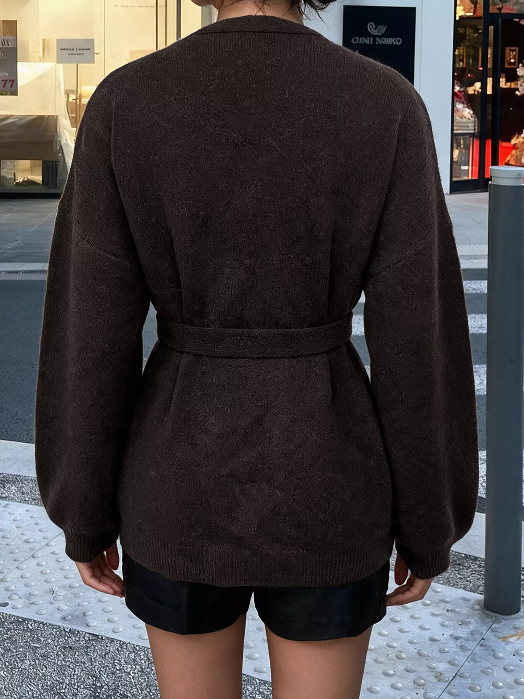 Belted Wrap Cardigan in Chocolate, back worn view
