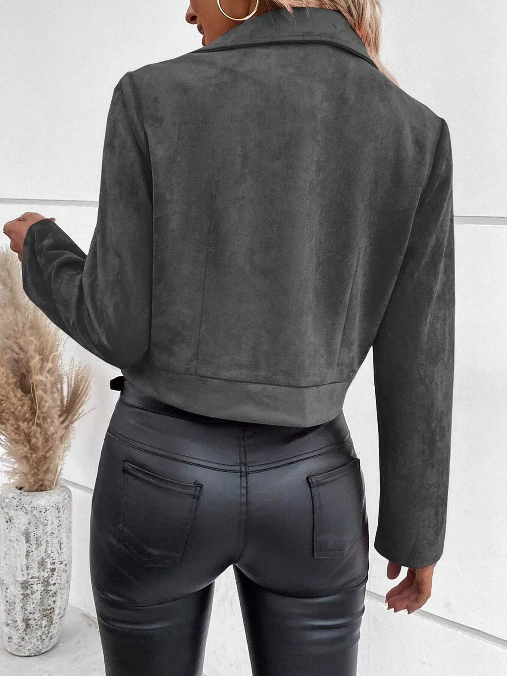 Faux Suede Moto Jacket in Dark Gray, back worn view
