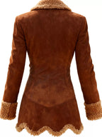 Faux Suede Sherpa-Trimmed Winter Coat in Dark Brown, back view