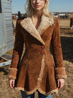 Faux Suede Sherpa-Trimmed Winter Coat in Dark Brown, worn view