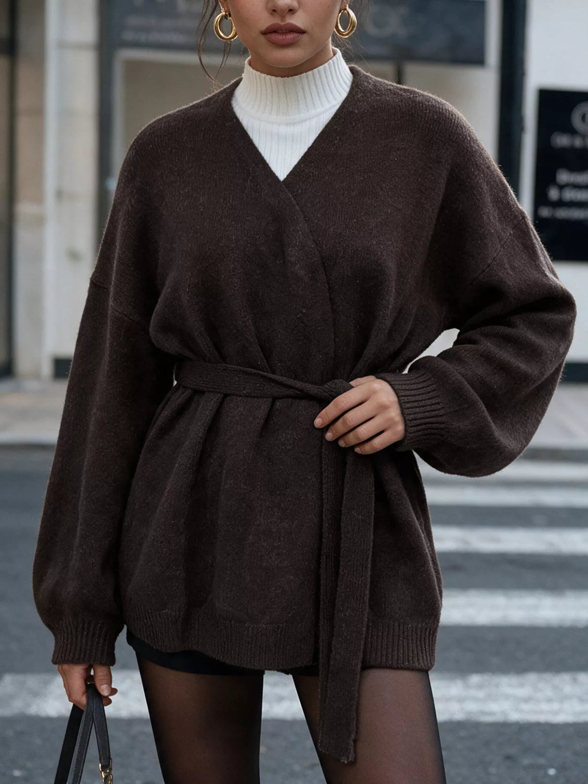 Belted Wrap Cardigan in Chocolate, front worn view