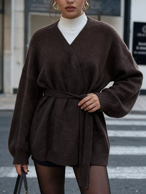 Belted Wrap Cardigan in Chocolate, front worn view