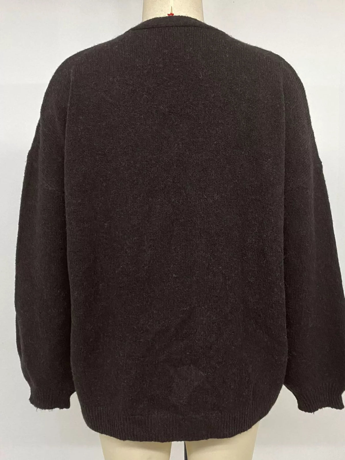 Belted Wrap Cardigan in Chocolate, plain-back view on dress form