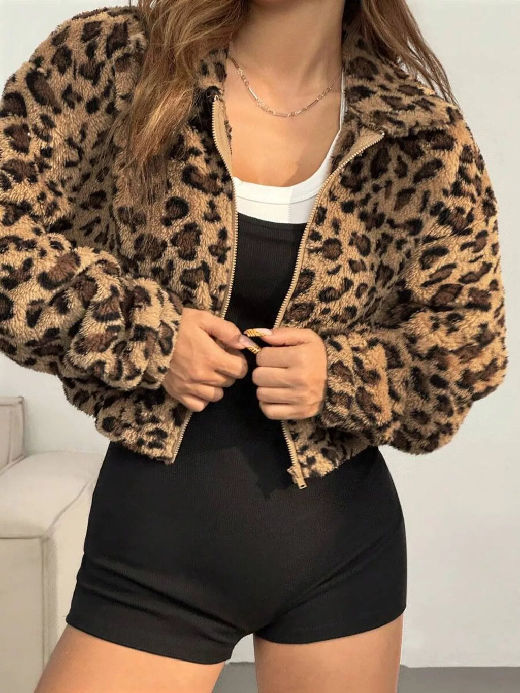 Cropped Leopard Fuzzy Jacket, view 1