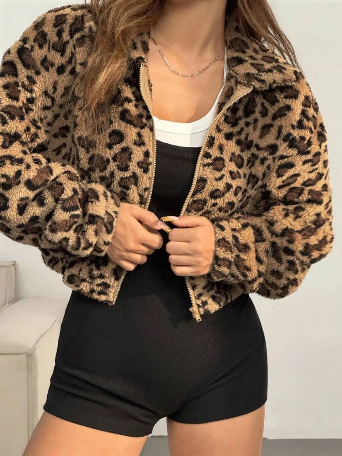 Cropped Leopard Fuzzy Jacket, view 1
