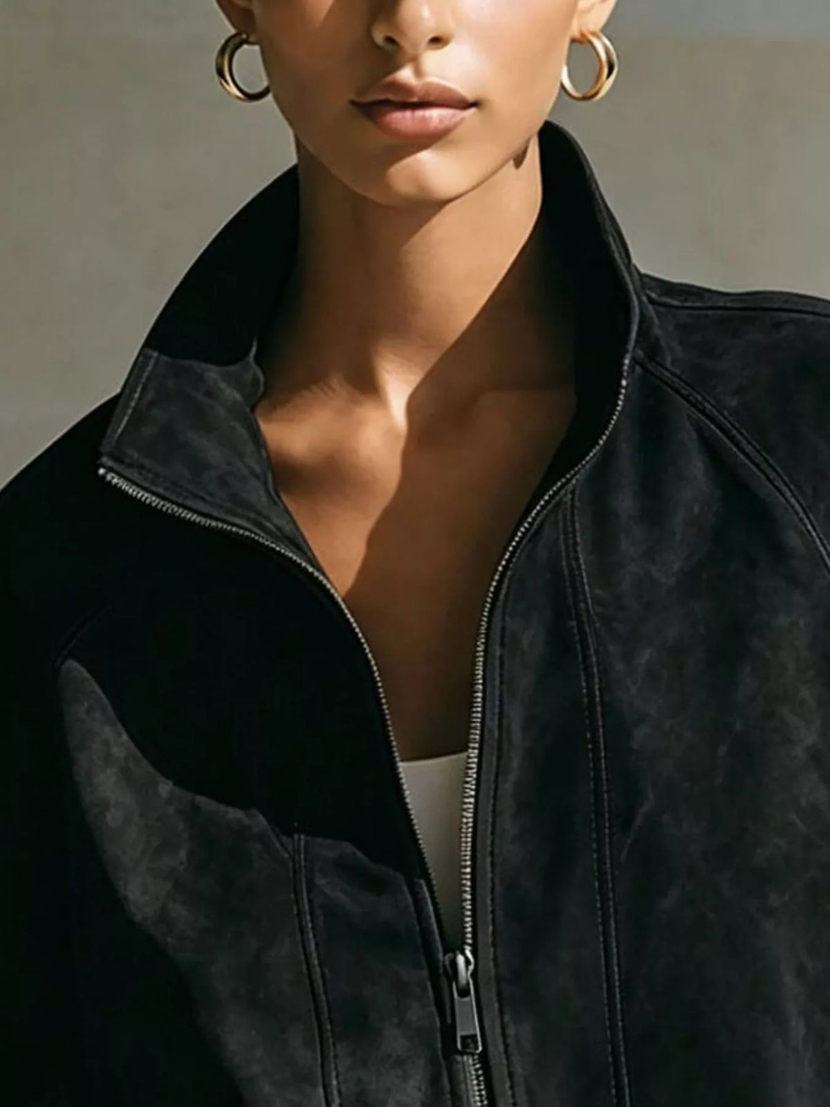 Faux Suede Stand-Collar Zip Jacket