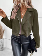 Faux Suede Moto Jacket in Green, front worn view