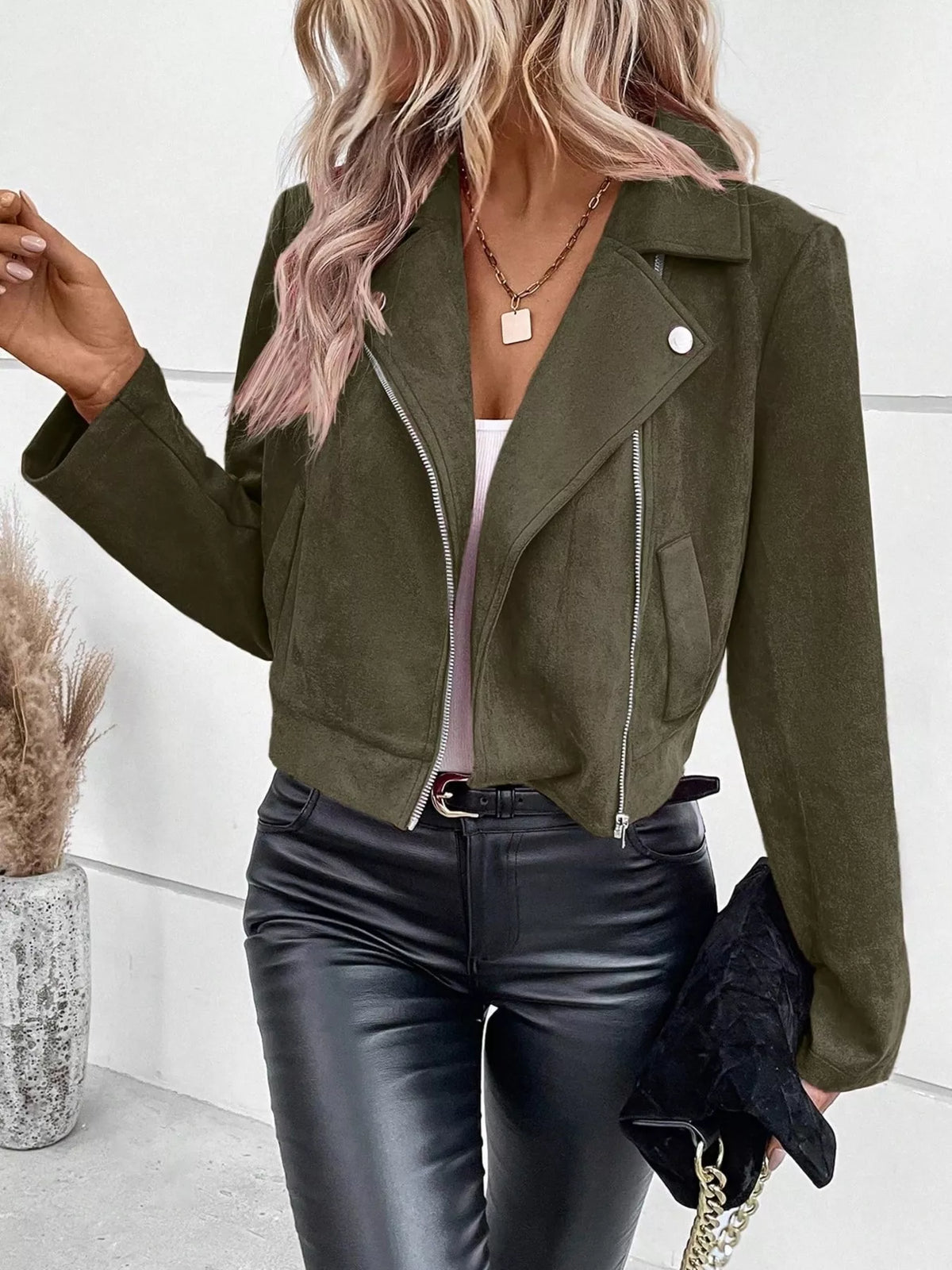 Faux Suede Moto Jacket in Green, front worn view