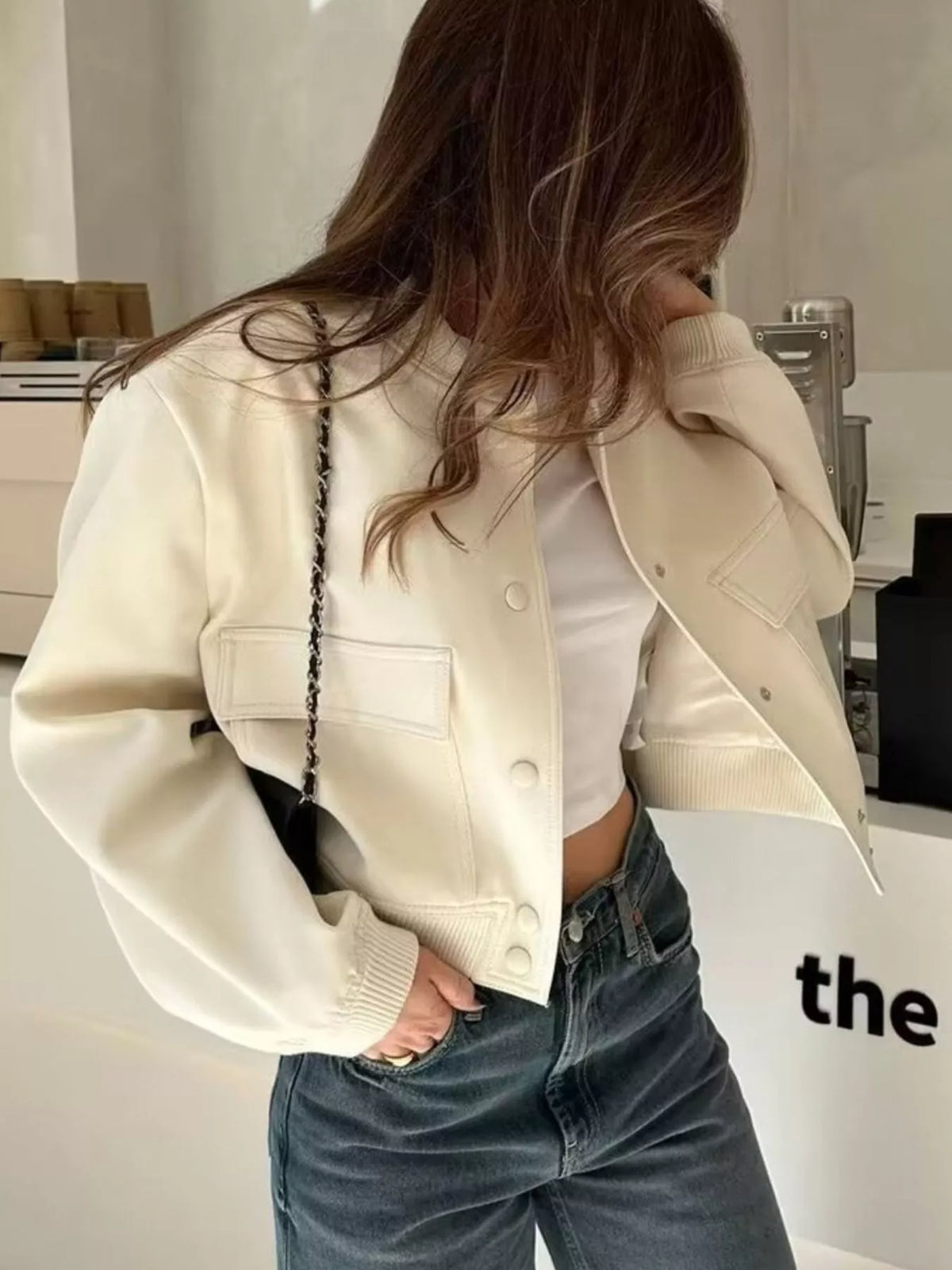 Cropped Button-Front Bomber Jacket