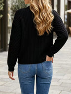 Cable-Knit V-Neck Button-Down Cardigan in Black, ribbed back and sleeve view