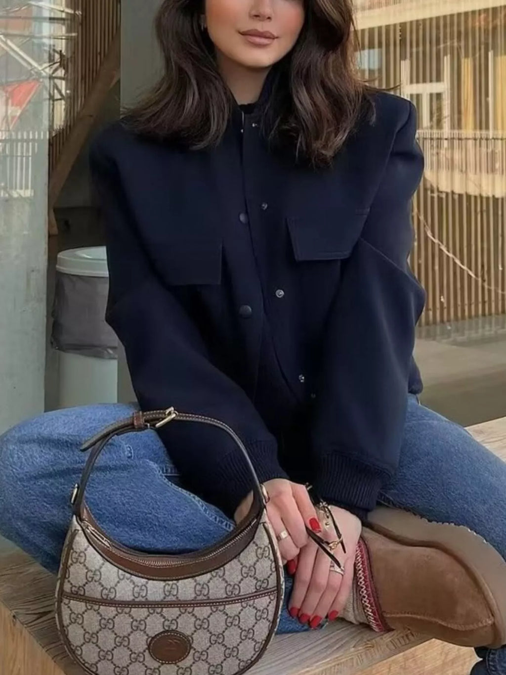 Cropped Button-Front Bomber Jacket