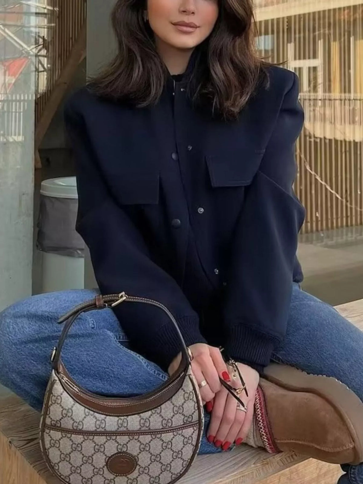Cropped Button-Front Bomber Jacket