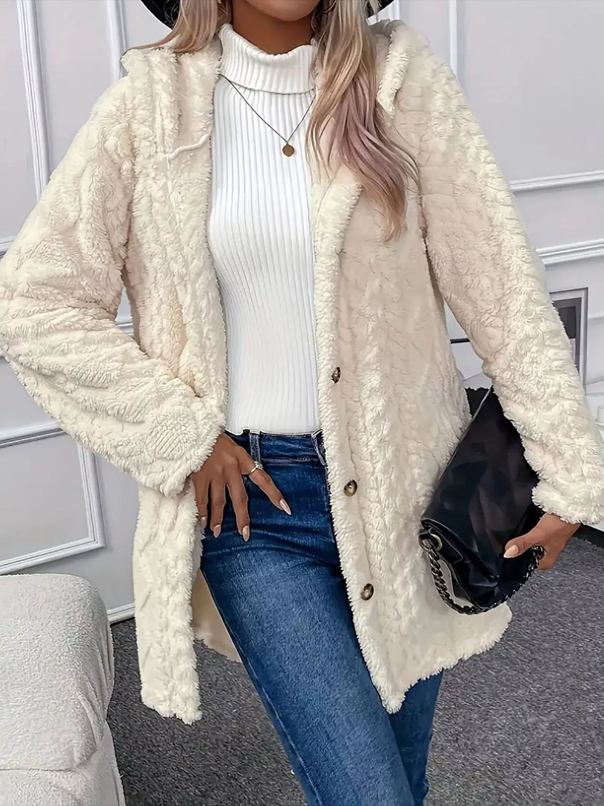 Button-Front Faux-Fur Teddy Coat, view 1