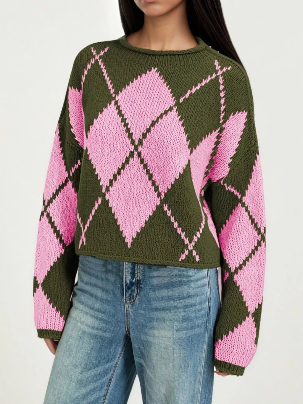 Cropped Argyle Knit Sweater in Green, close front worn view