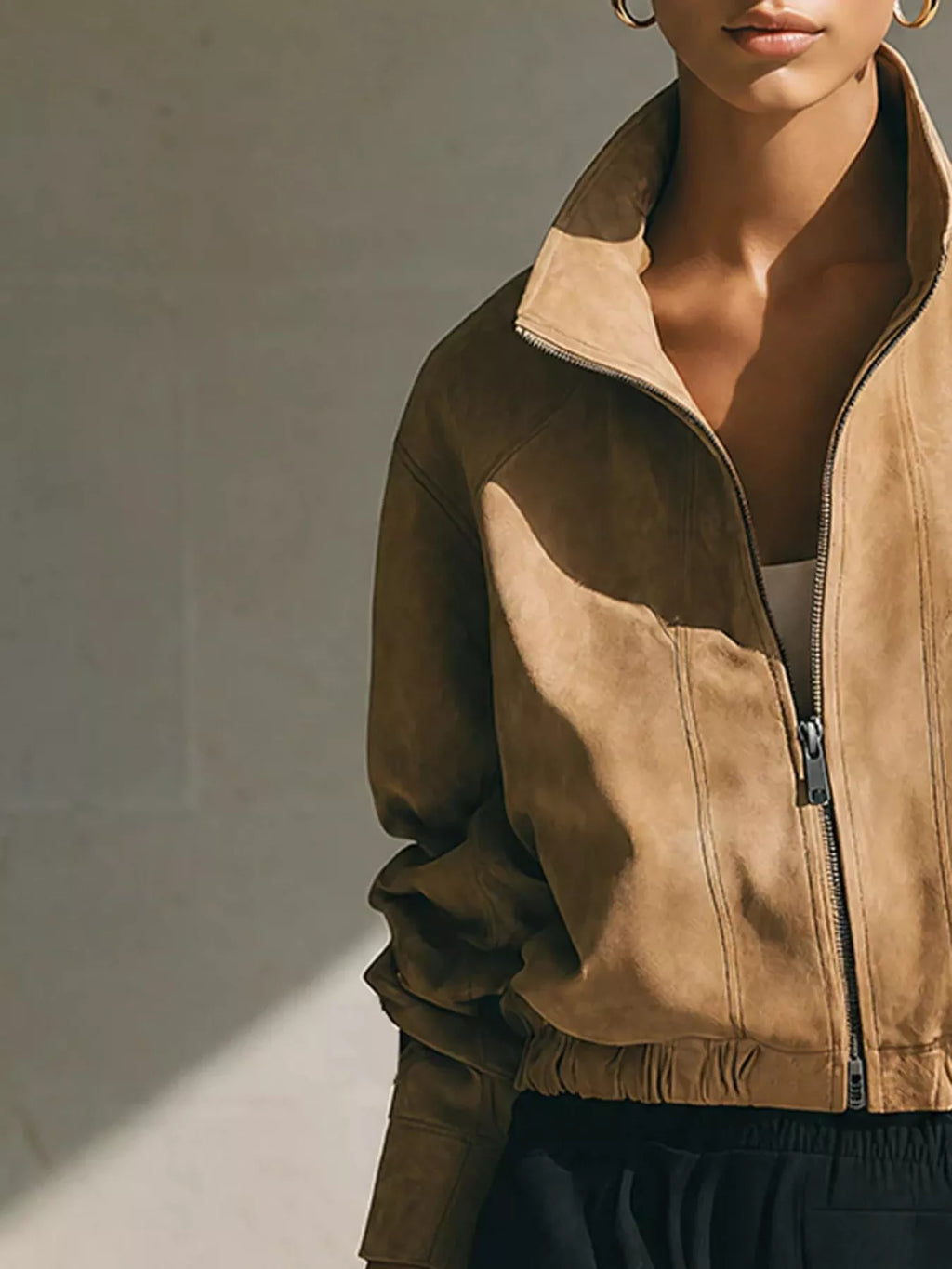 Faux Suede Stand-Collar Zip Jacket