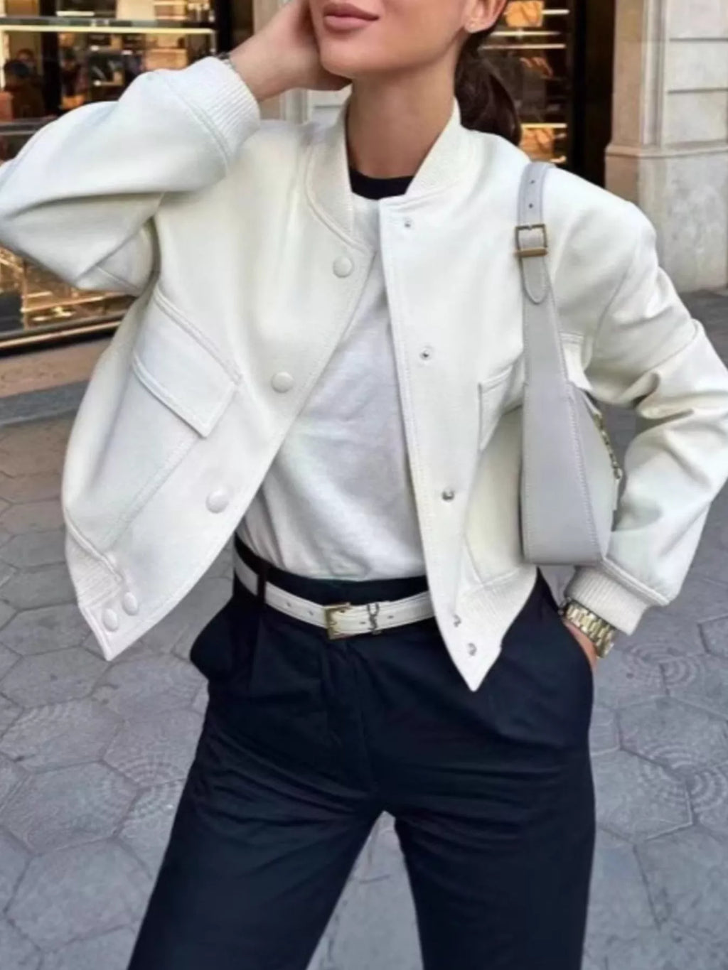 Cropped Button-Front Bomber Jacket