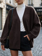 Belted Wrap Cardigan in Chocolate, open-front worn view