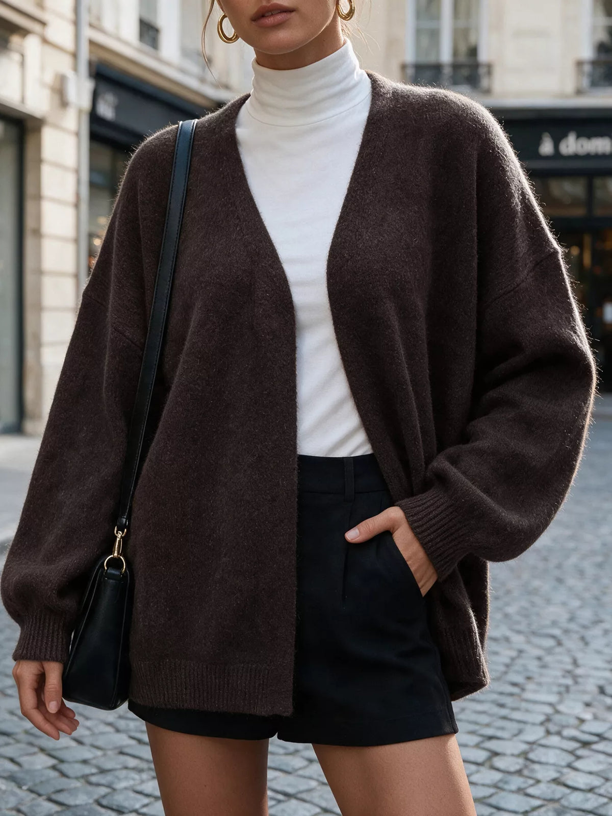 Belted Wrap Cardigan in Chocolate, open-front worn view