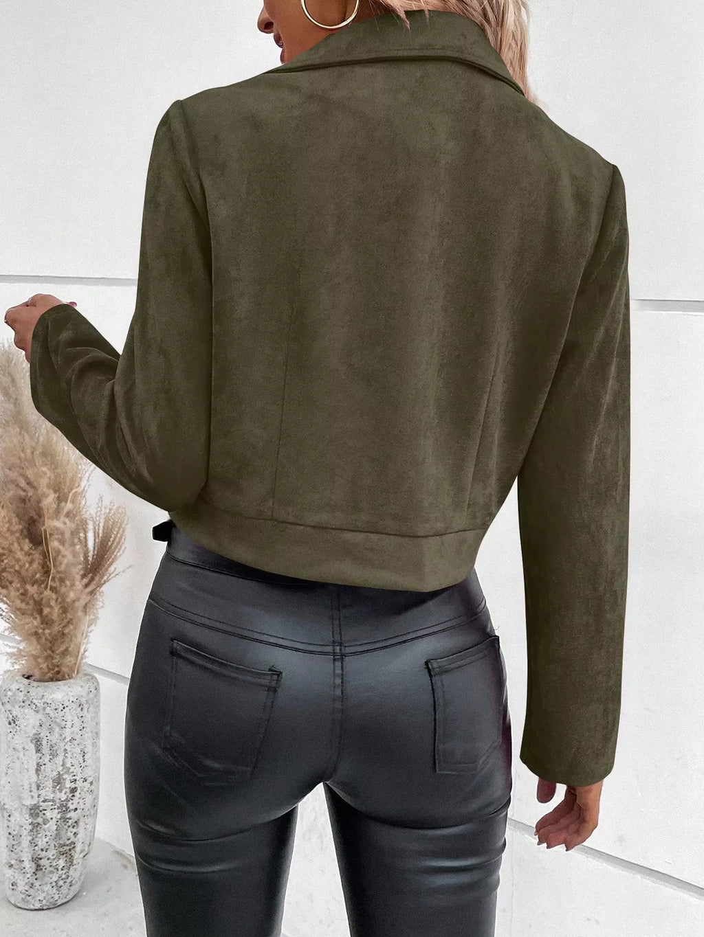 Faux Suede Moto Jacket in Green, back worn view