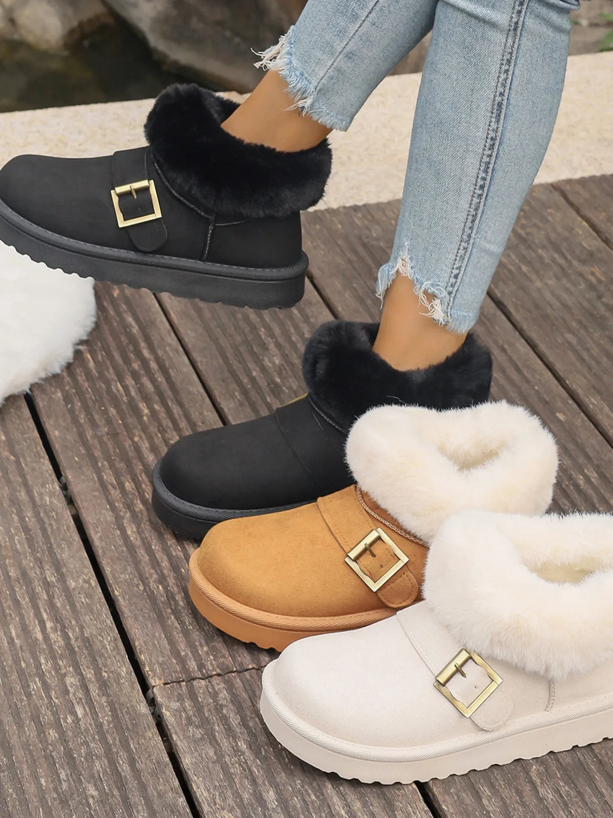 Faux-Fur Lined Buckle Ankle Boots, product view 1