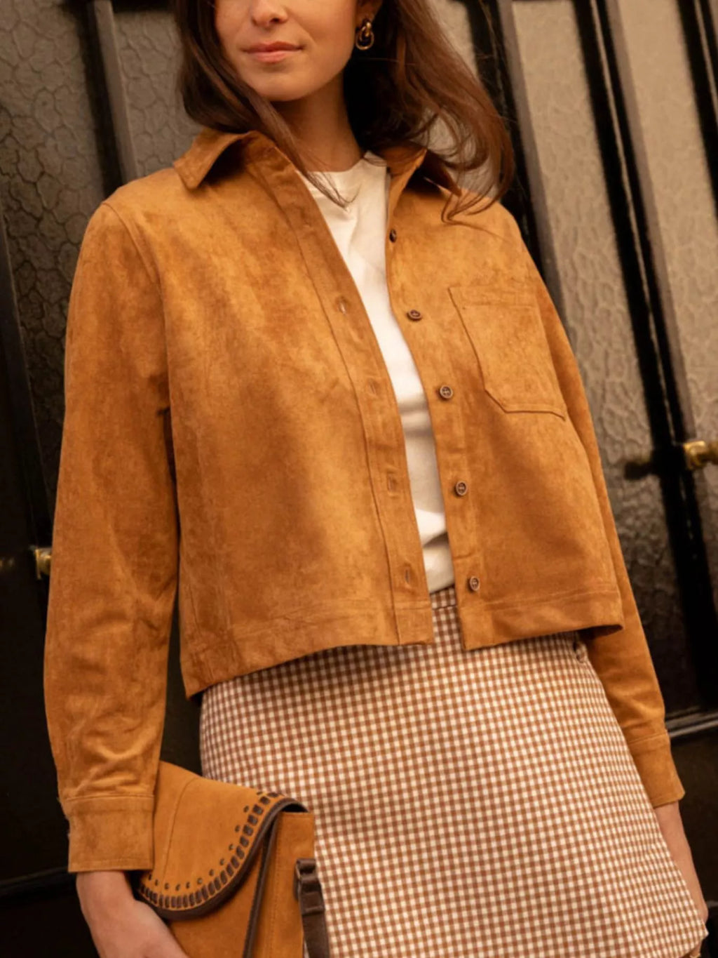 Cropped Faux Suede Button-Down Jacket in Ochre