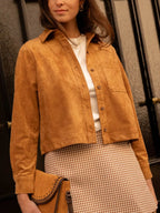 Cropped Faux Suede Button-Down Jacket in Ochre