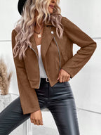 Faux Suede Moto Jacket in Coffee Brown, alternate front worn view