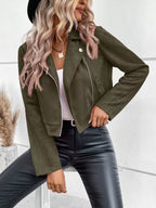 Faux Suede Moto Jacket in Green, alternate front worn view