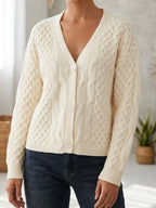 Cable-Knit V-Neck Button-Down Cardigan in Apricot, straight front view