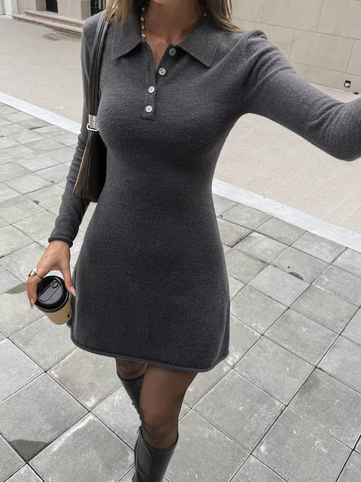 Polo-Collar Knit Mini Dress