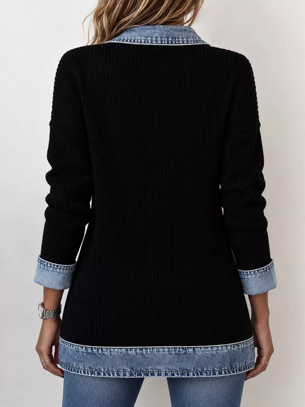 Contrast-Trim Ribbed Knit Cardigan, product view 3