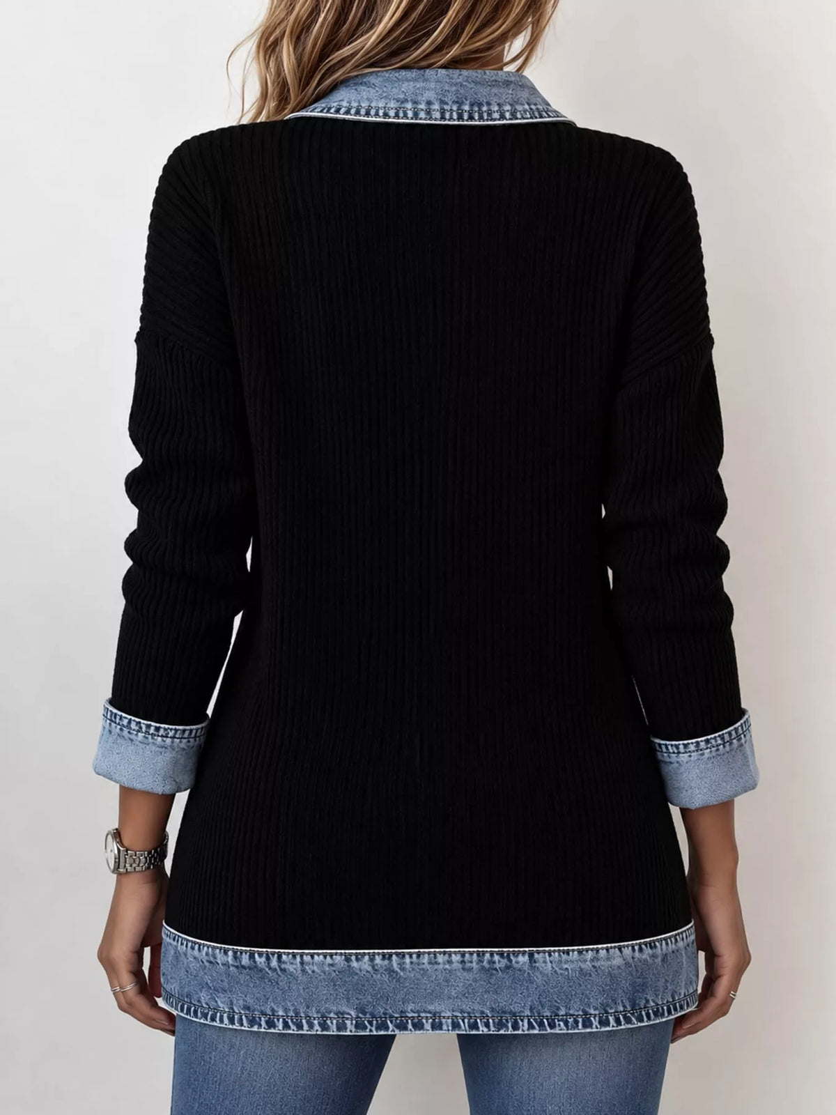 Contrast-Trim Ribbed Knit Cardigan, product view 3