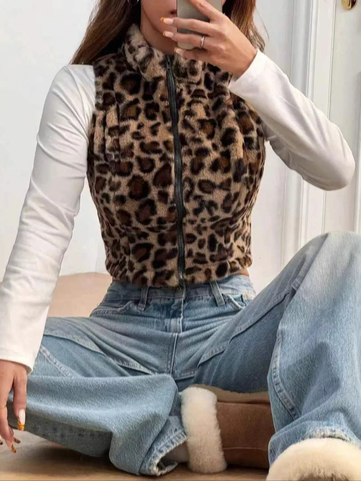 Cropped Leopard Faux-Fur Vest, view 4