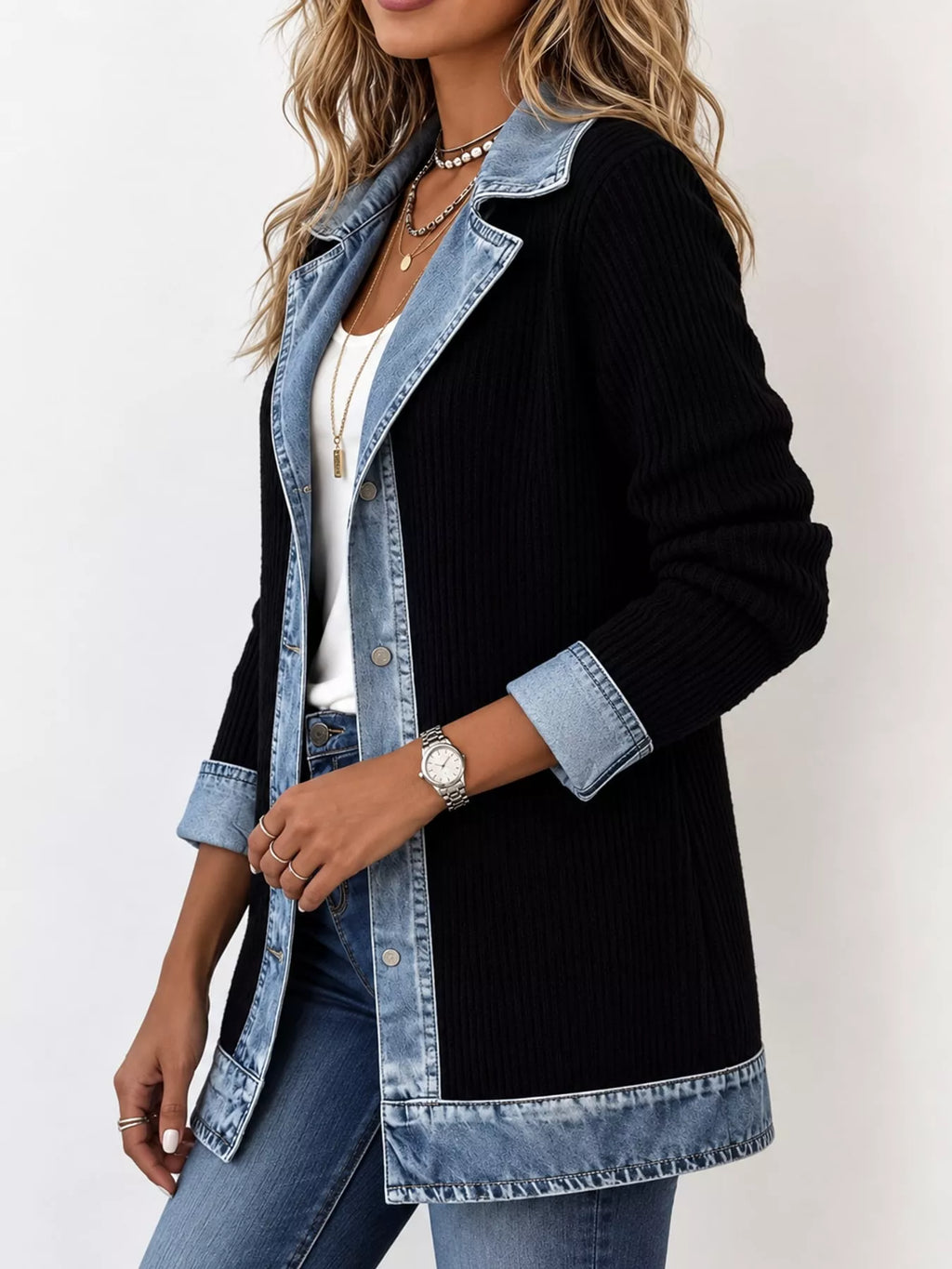 Contrast-Trim Ribbed Knit Cardigan, product view 2