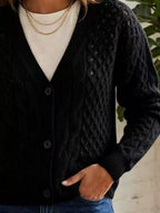 Cable-Knit V-Neck Button-Down Cardigan in Black, V-neck, button and knit detail