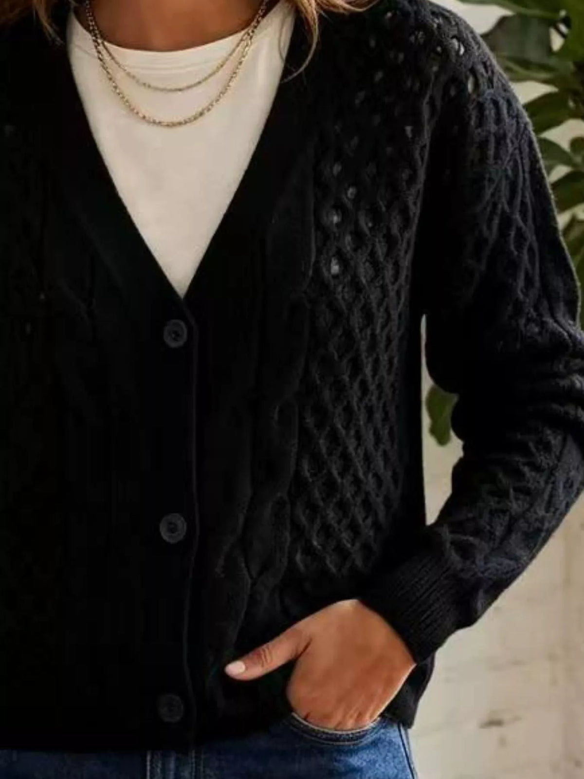 Cable-Knit V-Neck Button-Down Cardigan in Black, V-neck, button and knit detail