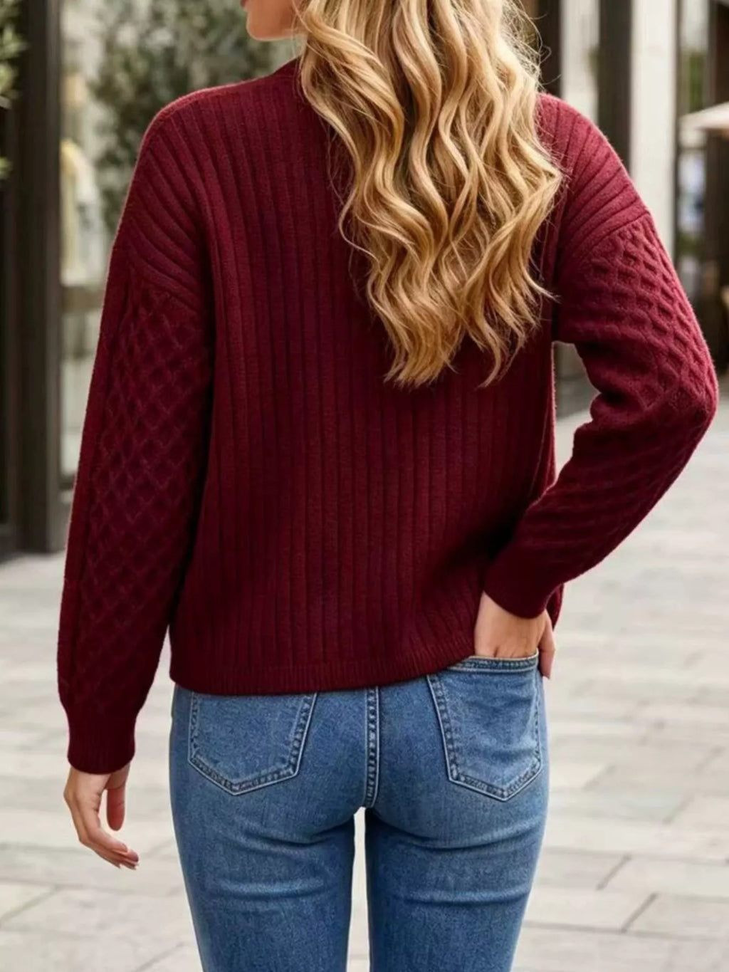 Cable-Knit V-Neck Button-Down Cardigan in Wine Red, ribbed back and sleeve view