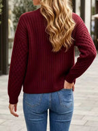 Cable-Knit V-Neck Button-Down Cardigan in Wine Red, ribbed back and sleeve view