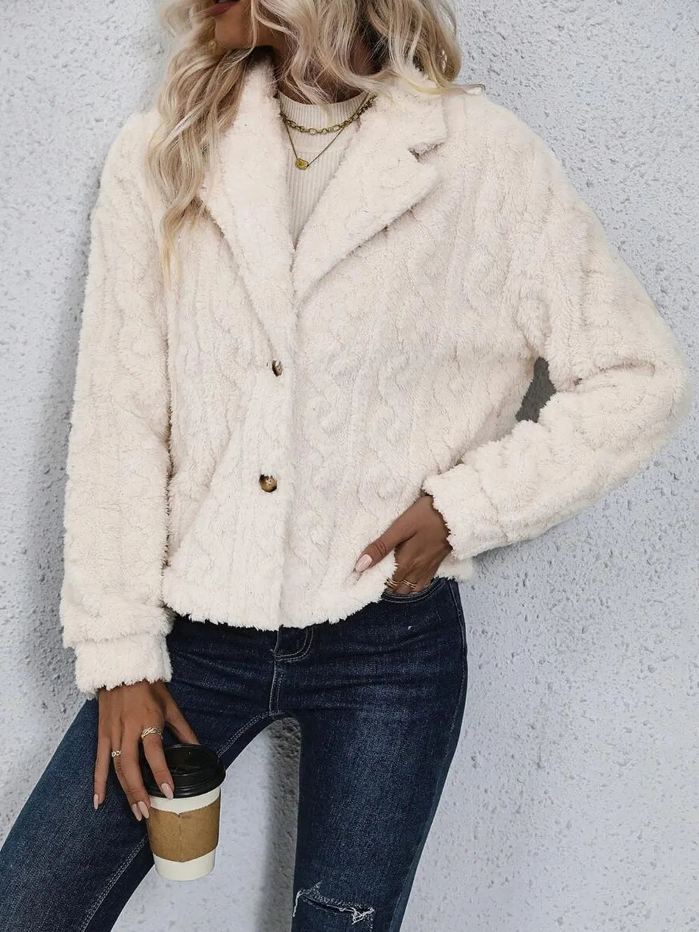 Collared Fuzzy Button Jacket, view 4