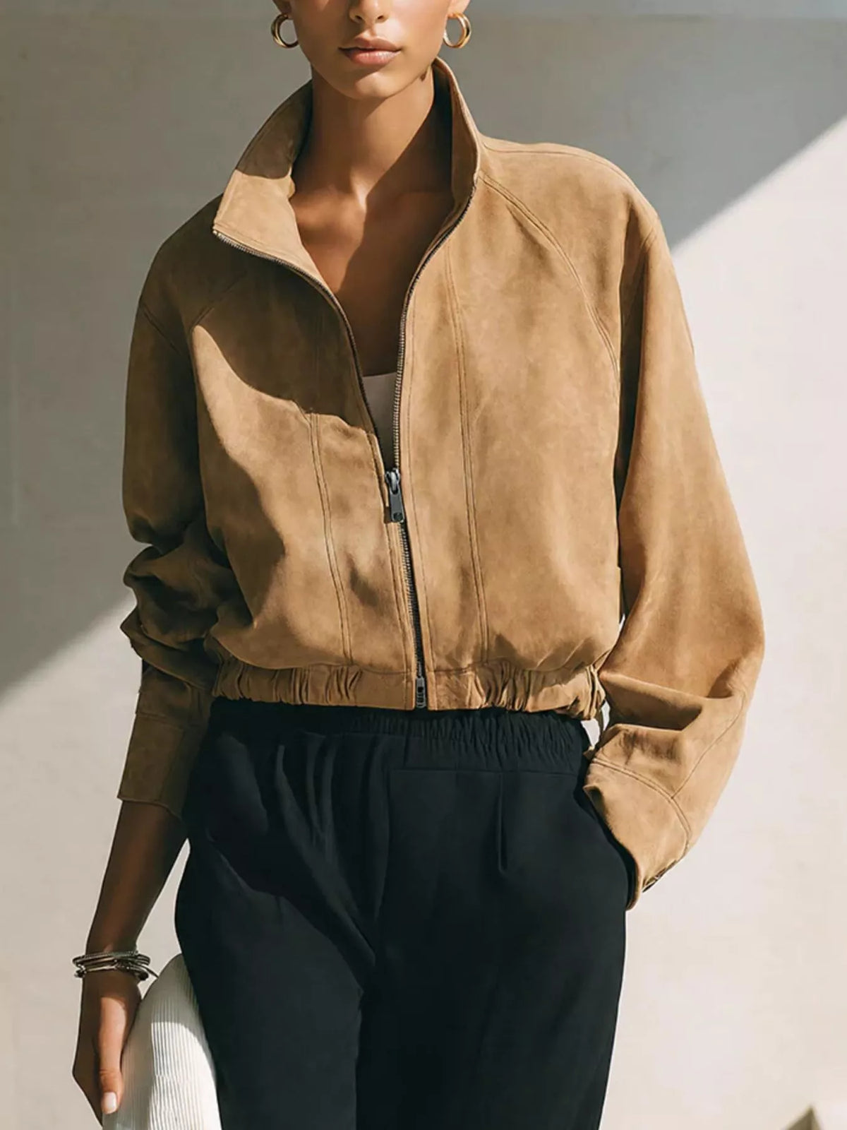 Faux Suede Stand-Collar Zip Jacket