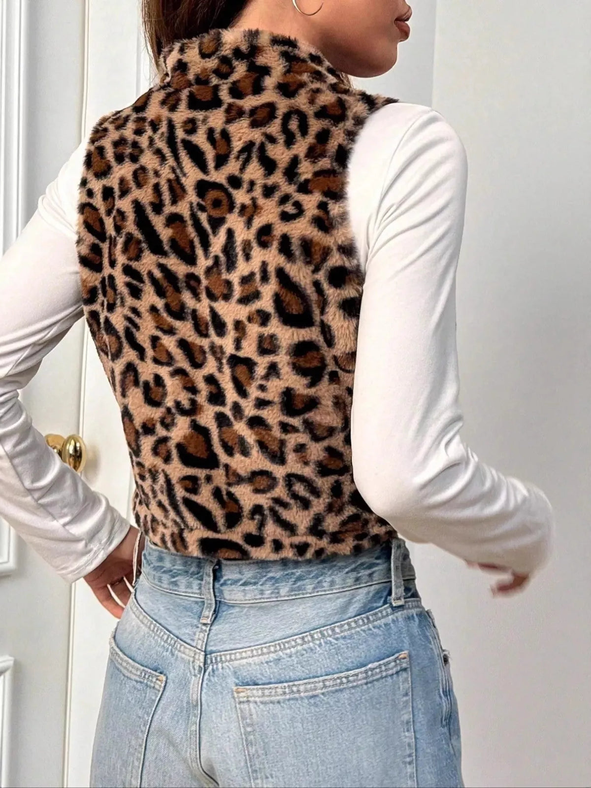 Cropped Leopard Faux-Fur Vest, view 5
