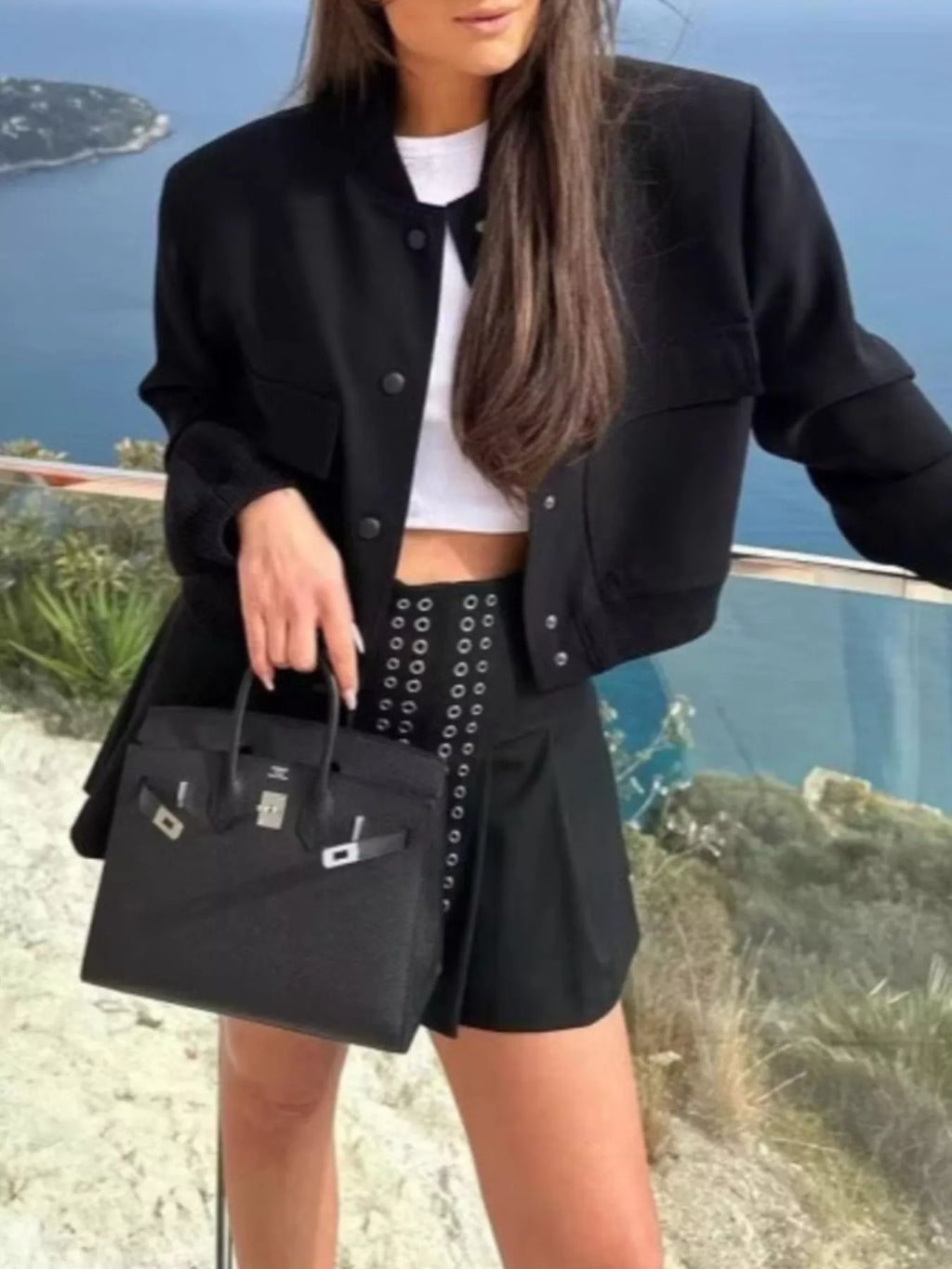 Cropped Button-Front Bomber Jacket