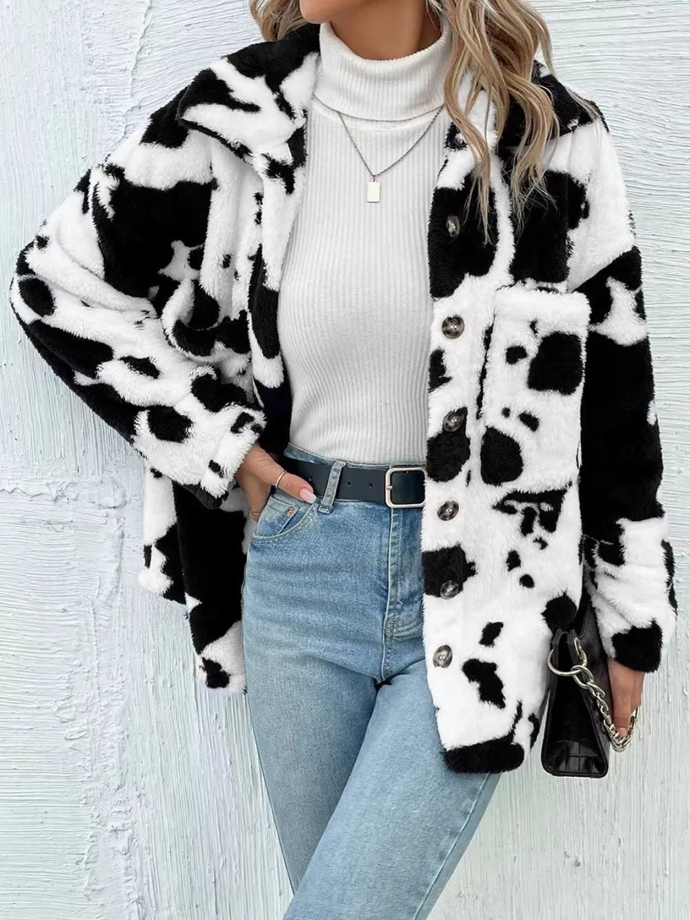 Cow-Print Fuzzy Jacket, view 1