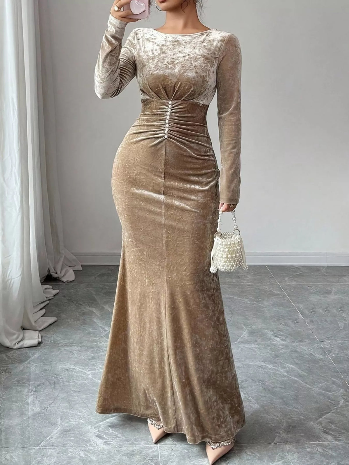 Ruched Velvet Maxi Dress