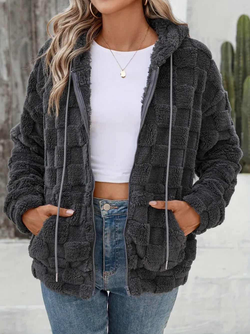 Check-Print Fuzzy Zip Jacket, view 1